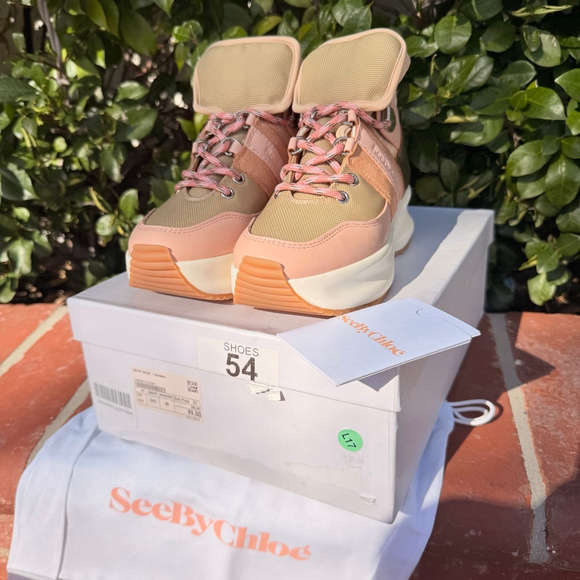 See by Chloe Casey Panelled High-Top Sneakers Pink Beige Size 35 US 5 New In Box - Picture 4 of 9